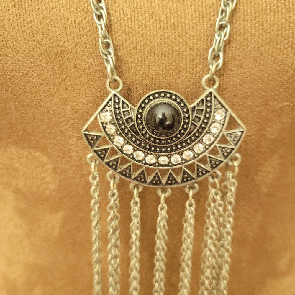 Silver‎ Tone Tribal Tassel Statement Necklace Rhinestone Faux Onyx Tribal